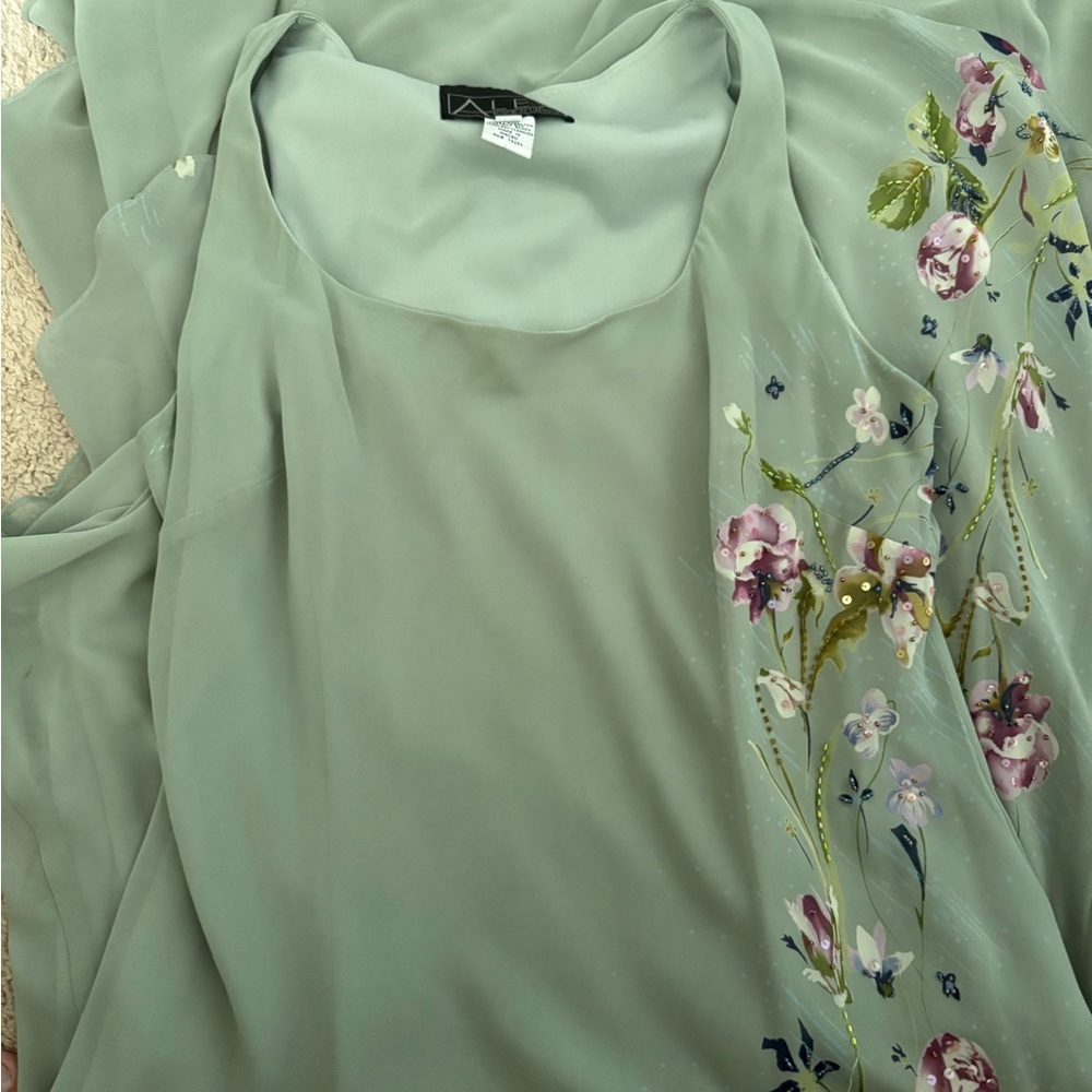 Alex Evenings Sage Floral Beaded Dress Sz 16 - Picture 6 of 7